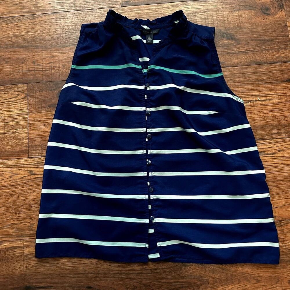 Tommy Hilfiger Sheer Blue Stripe Button Blouse Tank Top Womens M Summer America